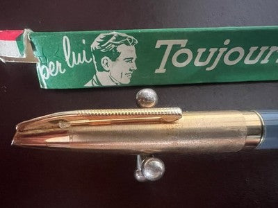 🔴 TOUJOURS penna stilografica grigia lusso pistone cappuccio dorato vintage NOS