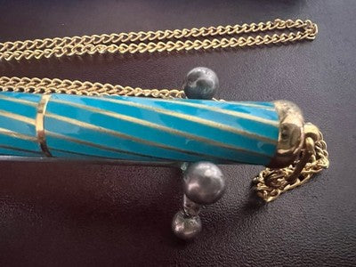 🔴 Penna stilografica collana laccata azzurro spirale dorata con pietra vintage
