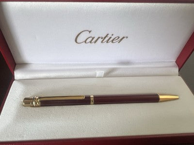 🔴 CARTIER penna sfera Trinity Vendome bordeaux placcata oro scrive con astuccio
