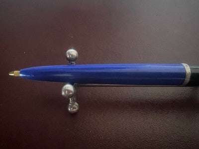 Bic Pen Ball Penholder Blue Black Desk With Ring Chrome Vintage 