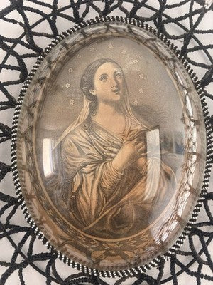 🔴 SAINT TERESA copper engraving curved glass microbead embroidery antique 1800 