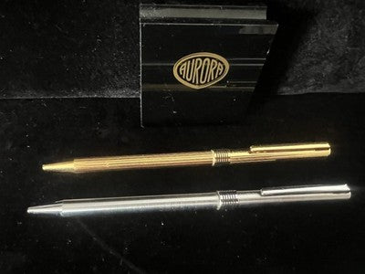 🔴 AURORA penna sfera Marco Polo dorata rigata e e cromata liscia scrivono