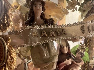 🔴 Madonna Miracoli ceroplastica angeli e ornamenti fiori con teca antica 1915