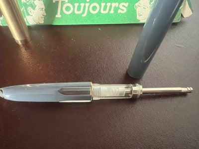 🔴 TOUJOURS penna stilografica grigia lusso pistone cappuccio dorato vintage NOS