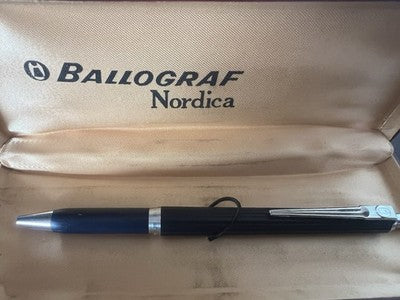 Ballograf Kugelschreiber, nordischer Druckknopf, blau verchromt, Vintage 
