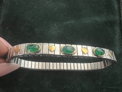 Red Elastic Bracelet Steel Hearts 18 KT Gold Roots Emerald Cabochon