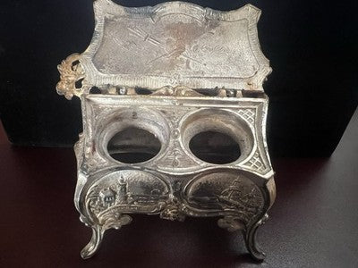 🔴 Porta calamaio metallo a rilievo con scene bucoliche paesaggi marini vintage