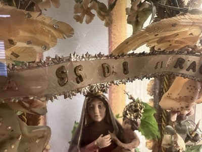🔴 Madonna Miracoli ceroplastica angeli e ornamenti fiori con teca antica 1915