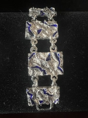 🔴 Bracciale ARGENTO 800 lingotti cesellati smalti blu cobalto Italy vintage