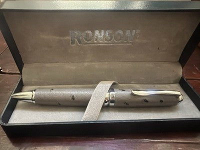 🔴 RONSON ballpoint pen gray leather hand-stitched rotation vintage NOS 