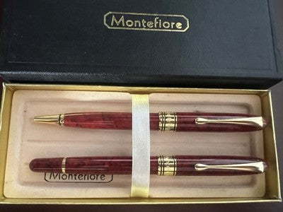 Montefiore Stylo-Plume à Bille Et Roller Laque Rouge Marbré Scrivono Vintage