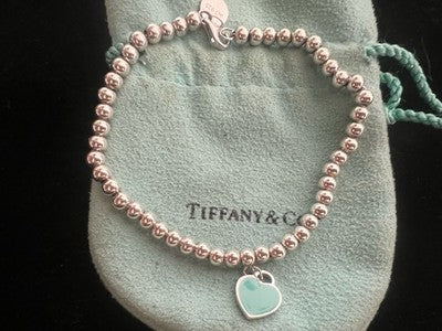 TIFFANY &amp; CO. Pulsera De Pearls De Plata 925 Charm Corazón Esmaltado Vintage 