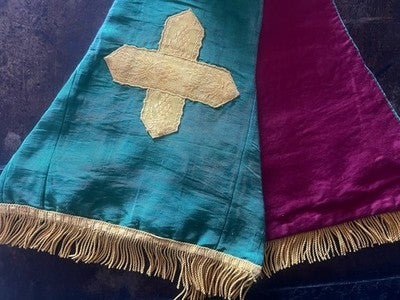 🔴 Stola liturgica cattolica broccato verde con croci dorate XIX/XX secolo