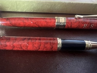 🔴 MONTEFIORE penna a sfera e roller lacca rossa marmorizzata scrivono vintage