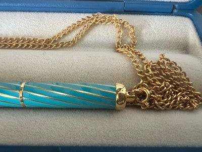 🔴 Penna stilografica collana laccata azzurro spirale dorata con pietra vintage