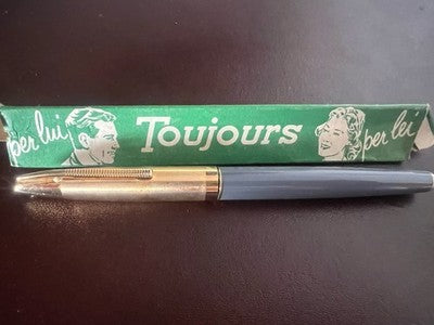 🔴 TOUJOURS penna stilografica grigia lusso pistone cappuccio dorato vintage NOS