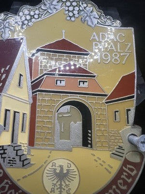 Red Badge Metal ADAC PFALZ 1987 Vintage Relief Enamel