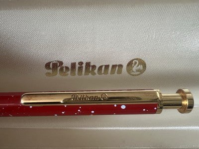 🔴 PELIKAN penna sfera lacca rossa pois profili dorati a scatto scrive vintage