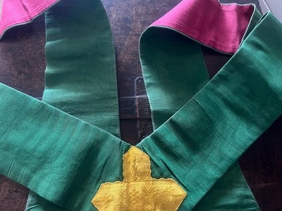 🔴 Stola liturgica cattolica broccato verde con croci dorate XIX/XX secolo