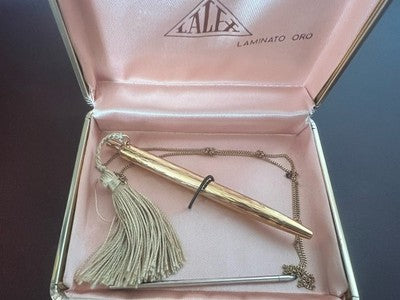 🔴 LALEX penna donna placcata oro ceselli vintage fiocco collana refill astuccio