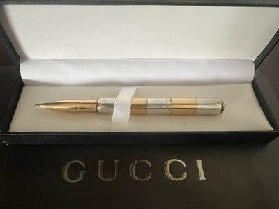 STYLO À BILLE GUCCI Argent 925 Plaqué Or Section Carrée Écrit Vintage 