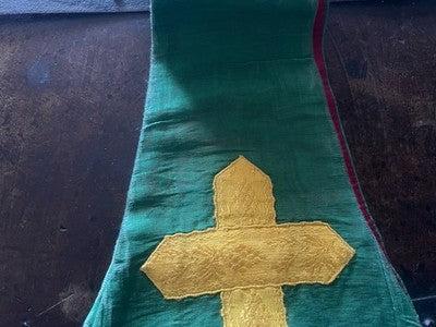 🔴 Stola liturgica cattolica broccato verde con croci dorate XIX/XX secolo