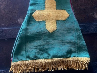 🔴 Stola liturgica cattolica broccato verde con croci dorate XIX/XX secolo