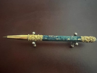 🔴 Penna sfera metallo dorato bassorilievi cabochon turchese astuccio vintage