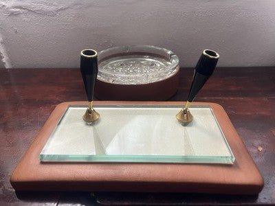 Base Stylo-Plume Bureau Sphère Stylo à Plume Cuir Et Cendrier Cristal Vintage