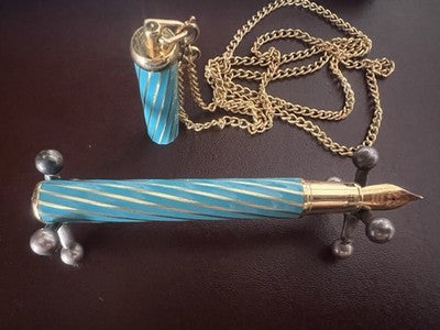 🔴 Penna stilografica collana laccata azzurro spirale dorata con pietra vintage