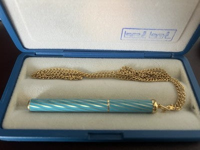 🔴 Penna stilografica collana laccata azzurro spirale dorata con pietra vintage