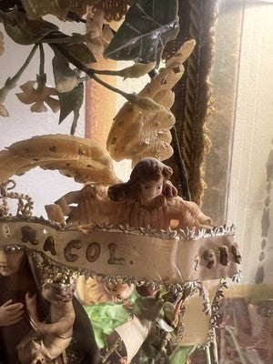 🔴 Madonna Miracoli ceroplastica angeli e ornamenti fiori con teca antica 1915