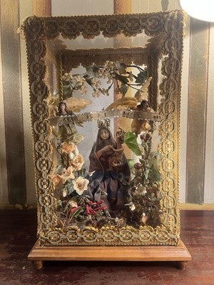 🔴 Madonna Miracoli ceroplastica angeli e ornamenti fiori con teca antica 1915