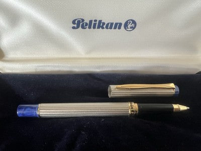 🔴 PELIKAN penna sfera Michelangelo cromata satinata righe e blu scrive vintage