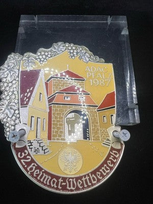 Red Badge Metal ADAC PFALZ 1987 Vintage Relief Enamel