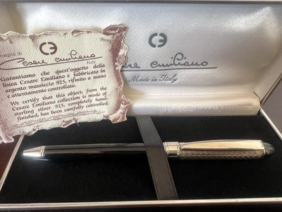 César Emiliano Stylo-Plume Sphère Argent 925 Laque Ciselé À Main Garantie