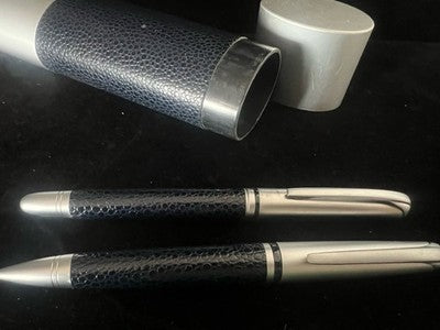 🔴 Penna stilografica cartuccia e sfera lacca cromata e pelle blu vintage NOS