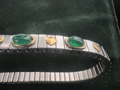 Red Elastic Bracelet Steel Hearts 18 KT Gold Roots Emerald Cabochon
