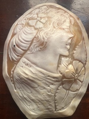 Camée Grand Sur Coquille Naturel Profil Féminin Floral 6×7,8 Italie