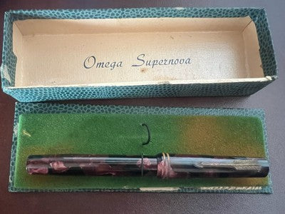🔴 OMEGA penna stilografica celluloide bordeaux A.V.M a pulsante scrive vintage