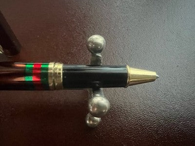 🔴 Gucci Penna a sfera lacca marrone fasce verde rosso clip dorata vintage
