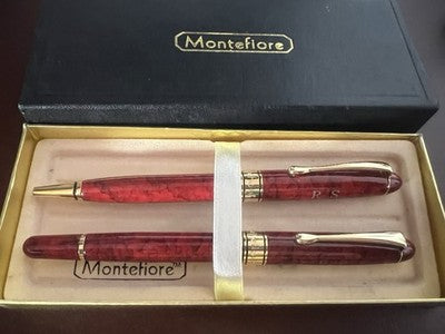 Montefiore Stylo-Plume à Bille Et Roller Laque Rouge Marbré Scrivono Vintage