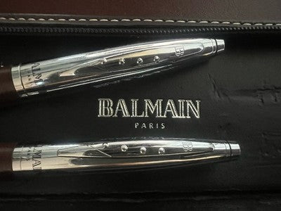Balmain Set Stylo-Plume Sphère Et Roller Cuir Finis Main Marron Chrome Vintage