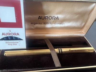 🔴 AURORA penna stilografica Marco Polo ARGENTO 925 MASSICCIO F placcata oro