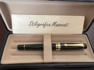 🔴 MASERATI penna stilografica resina nera iridescente blu profili dorati NOS