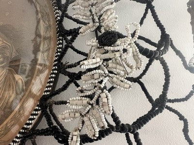 🔴 SAINT TERESA copper engraving curved glass microbead embroidery antique 1800 