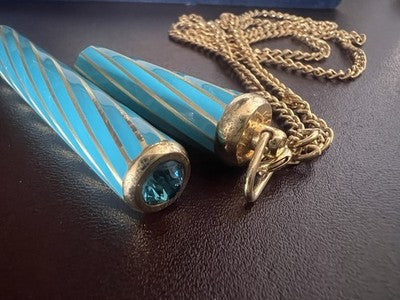 🔴 Penna stilografica collana laccata azzurro spirale dorata con pietra vintage