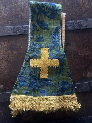 🔴 STOLA LITURGICA cattolica ricamata a mano broccato verde blu Croci XIX/XX sec