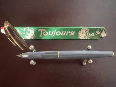 🔴 TOUJOURS penna stilografica grigia lusso pistone cappuccio dorato vintage NOS