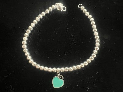 TIFFANY &amp; CO. Pulsera De Pearls De Plata 925 Charm Corazón Esmaltado Vintage 